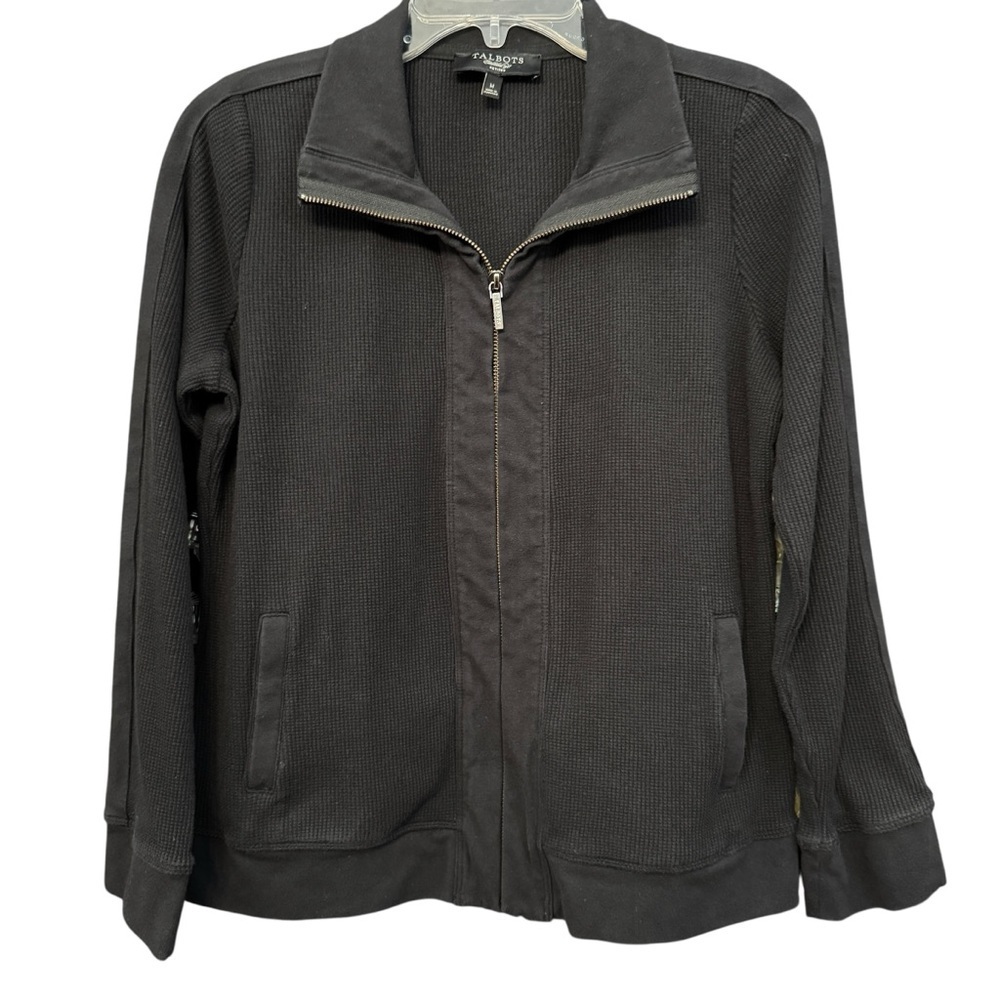 Talbots Petites Black Zip Up Jacket Women M Waffle Knit Cotton Blend